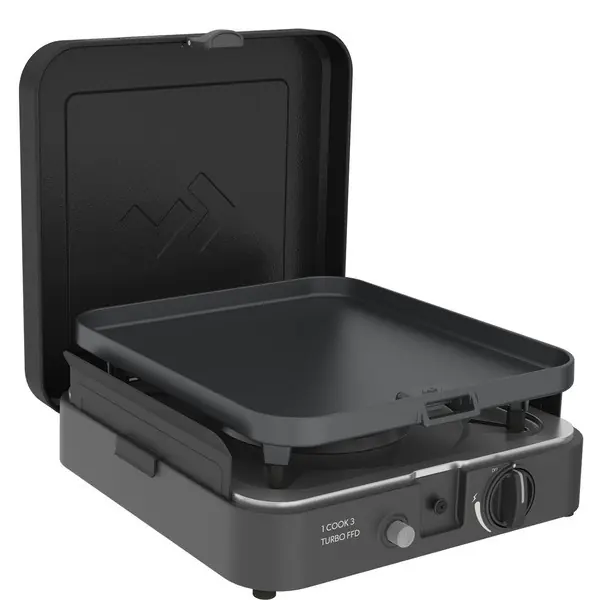 Vařič a plynový gril stolní Cadac 1-Cook Turbo FFD Flat Plate 50 mbar (výkon 2,2 kW, hladká deska, ochrana plamene, taška) | Časově omezená nabídka